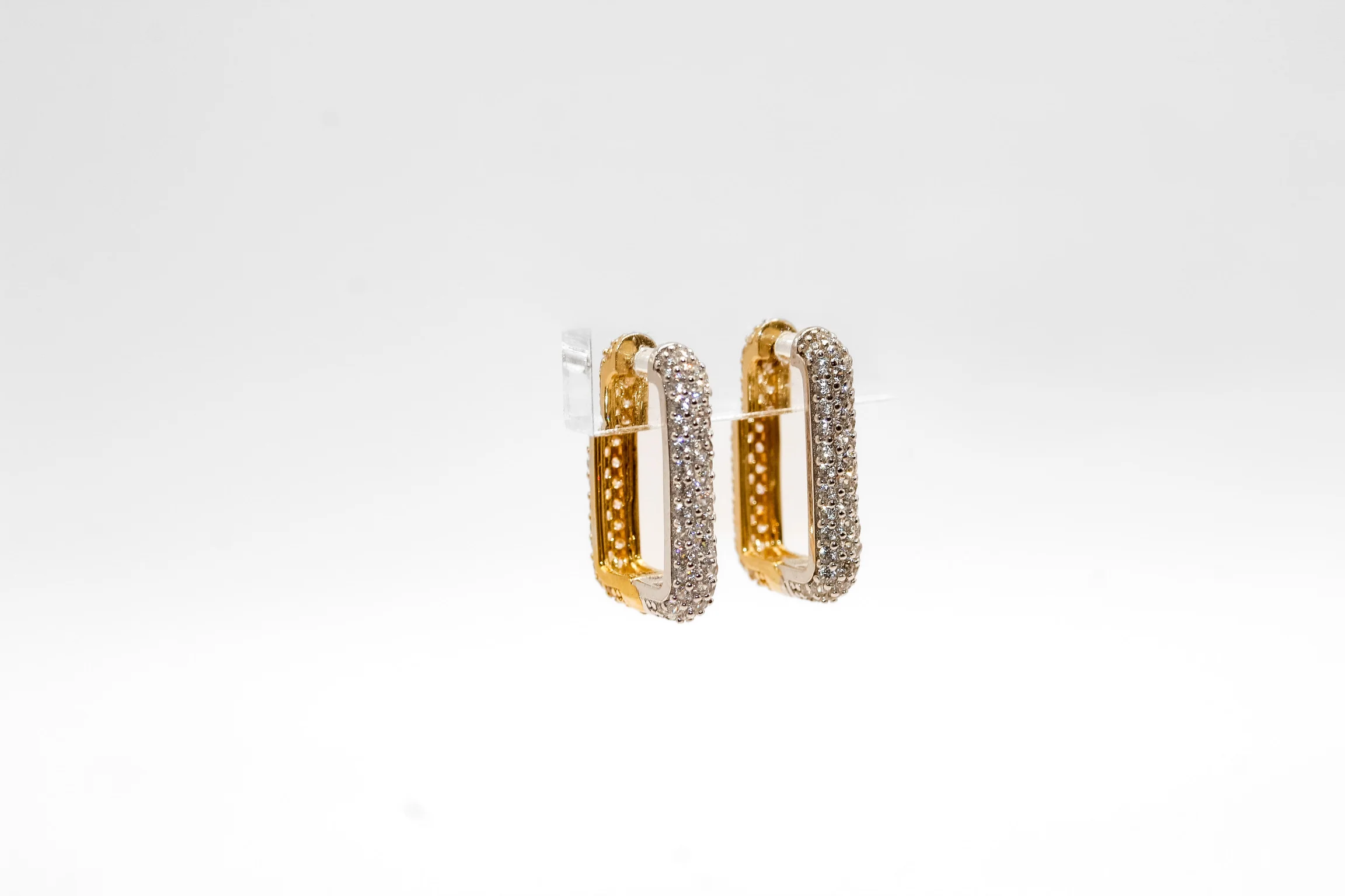 14K Gold a Rectangular Studded Two Tone Hoop