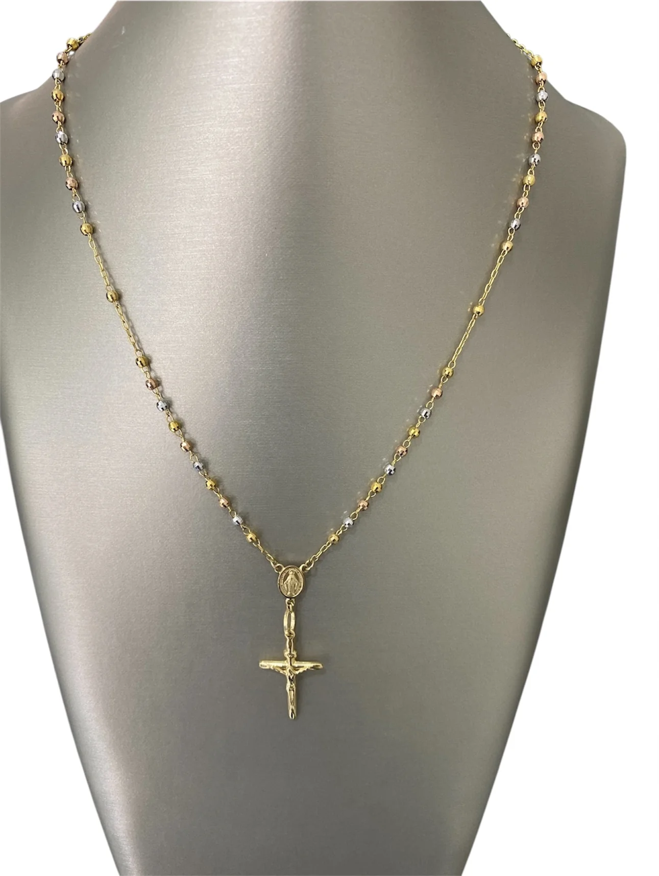 14K Gold Three Tone Rosary Necklace