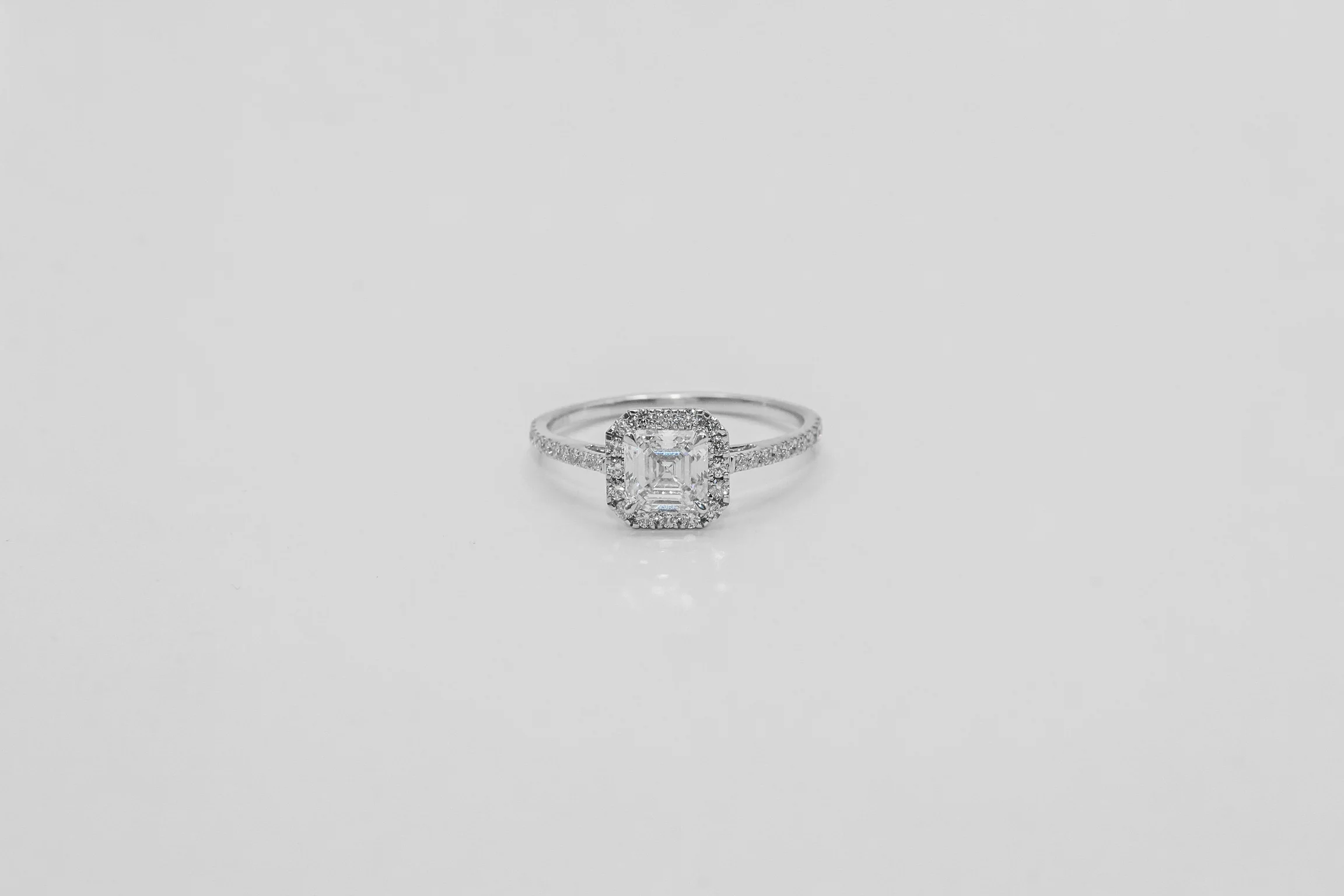 14K White Gold Asher Cut Halo Solitaire Ring