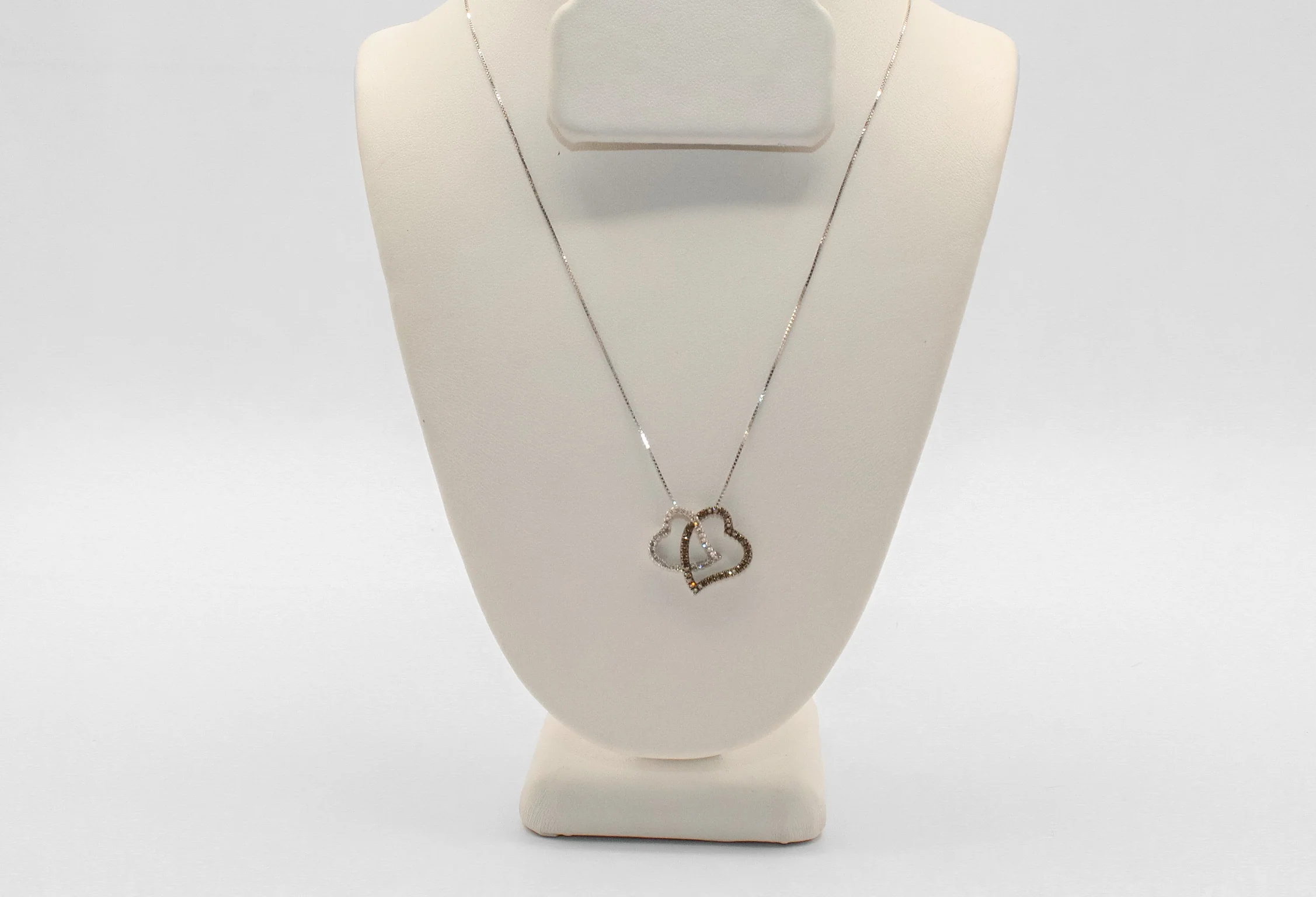 14K White Gold Diamond Black and White Double Heart Necklace