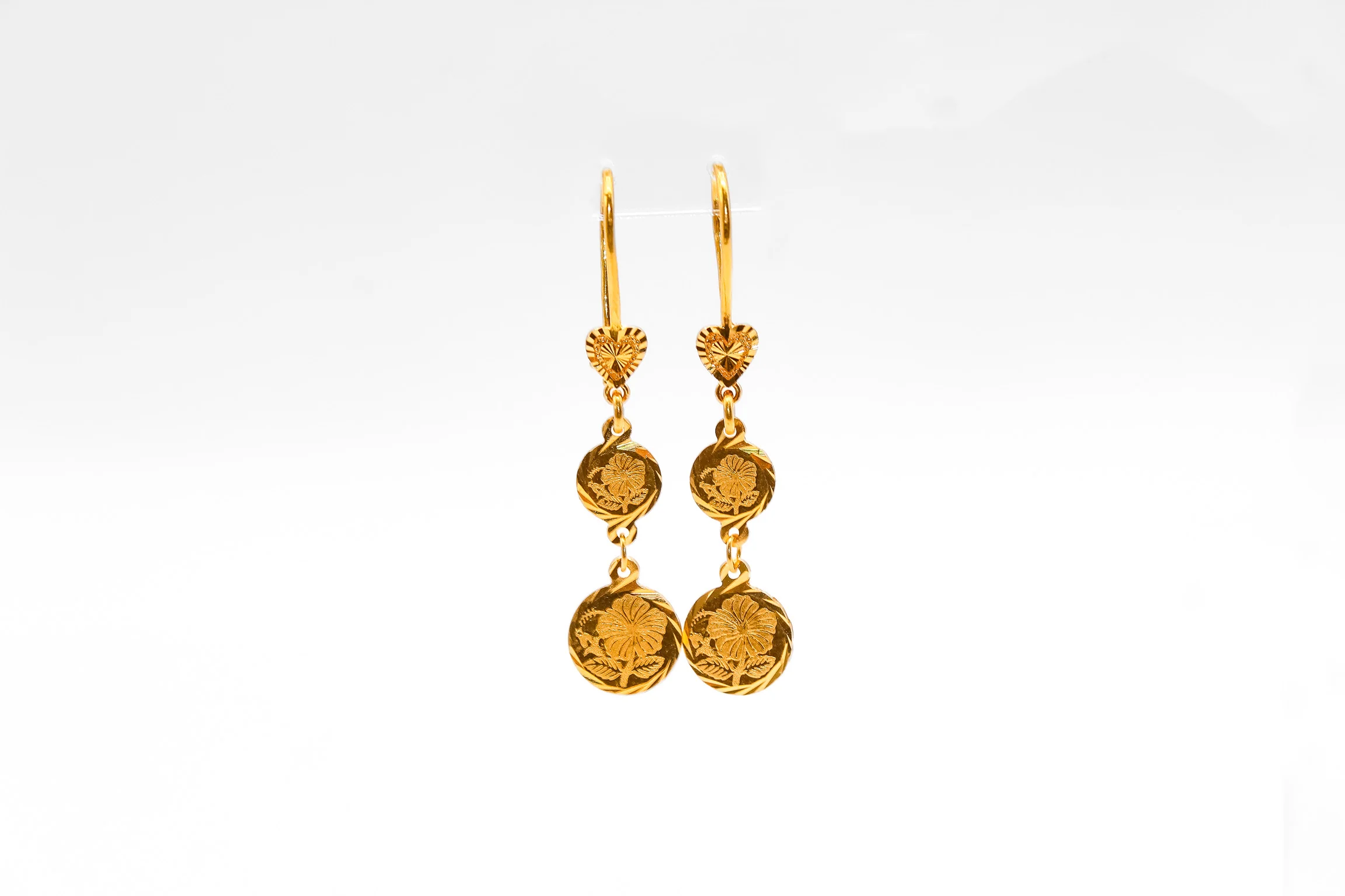 21K Gold Flower Coin Dangle Earrings