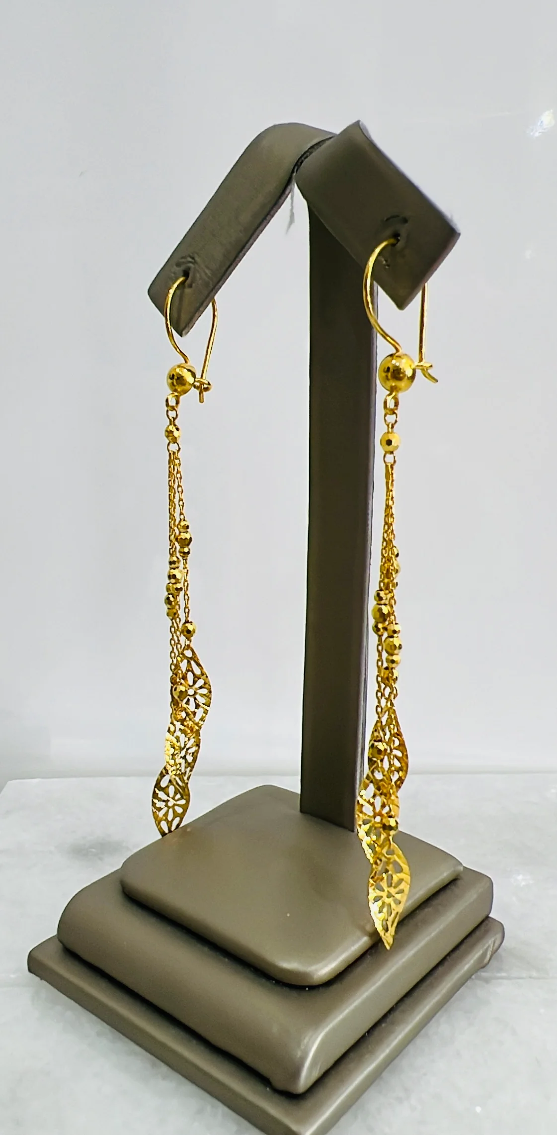 21K Gold Long Leaf Earrings - Image 2