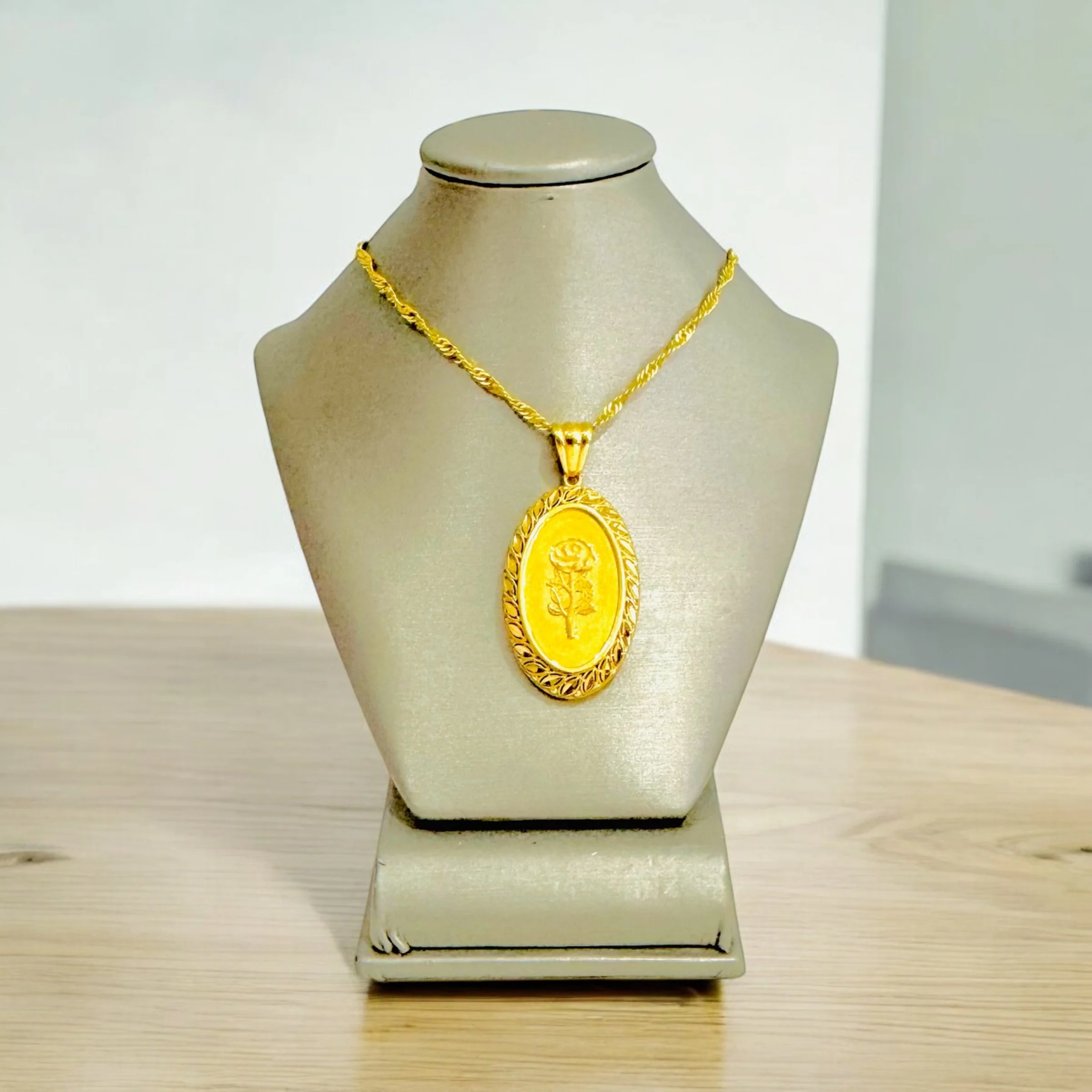 21K Gold Oval Rose Necklace